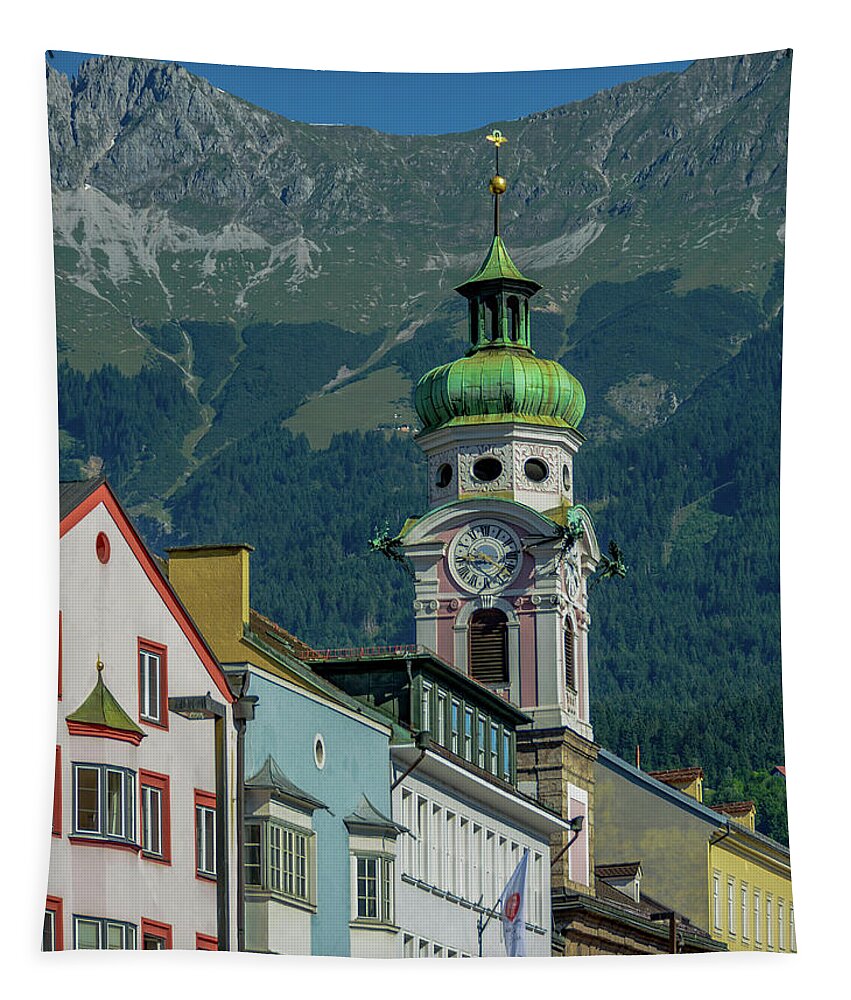 Austria Tapestry featuring the photograph Clock Tower of Innsbruck by Marcy Wielfaert