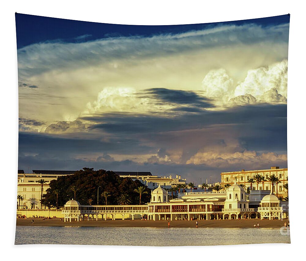 Famous Tapestry featuring the photograph Cloudy Sky over La Caleta Spa Cadiz by Pablo Avanzini