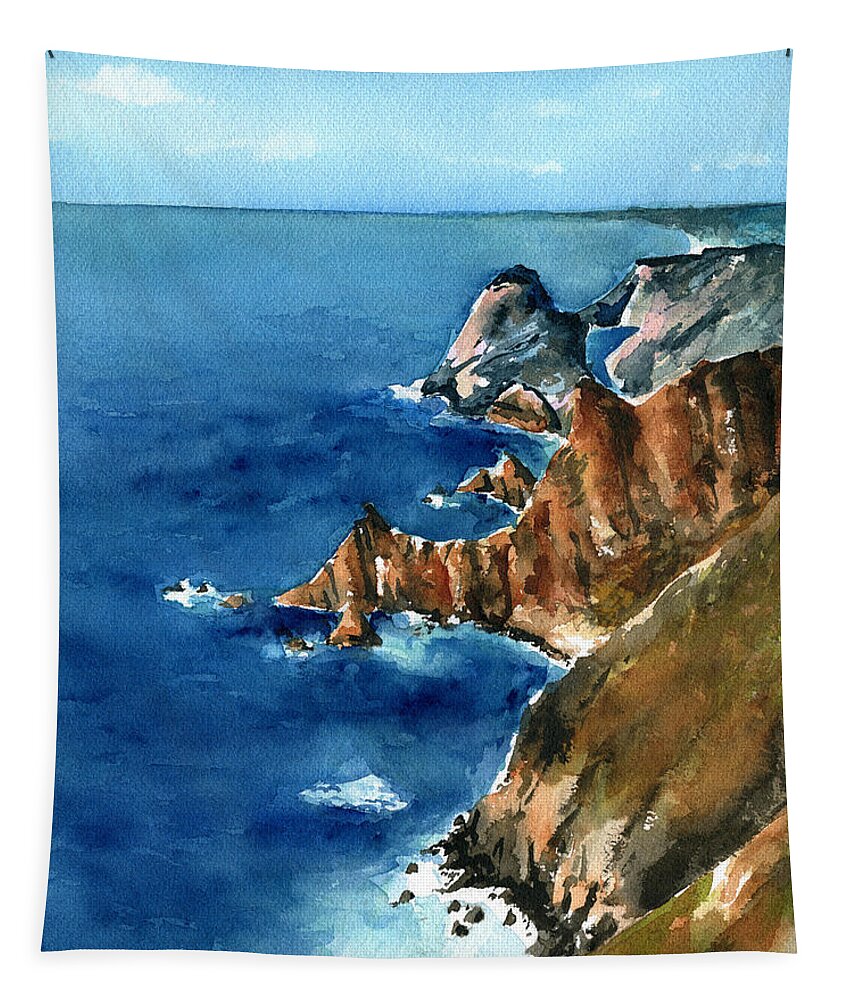 Cabo Da Roca Tapestry featuring the painting Coast of Portugal by Dora Hathazi Mendes