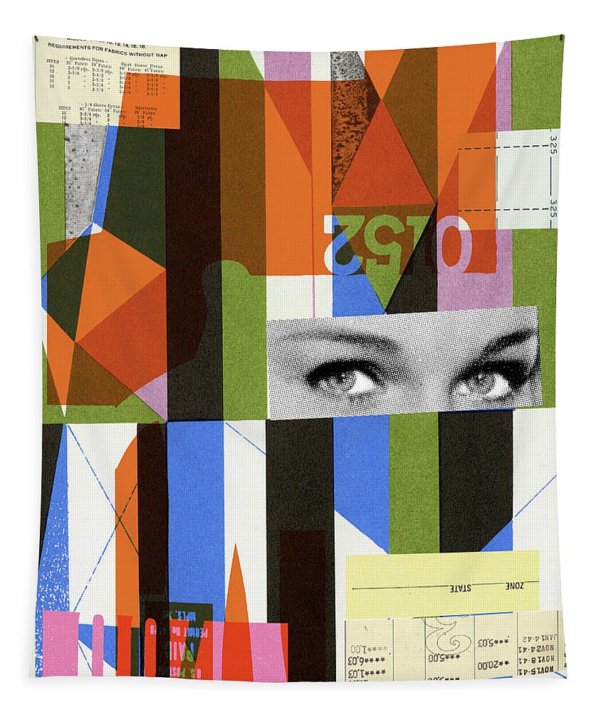 Abstract Tapestry featuring the drawing Collage illustration with geometric shapes and eyes of woman by CSA Images
