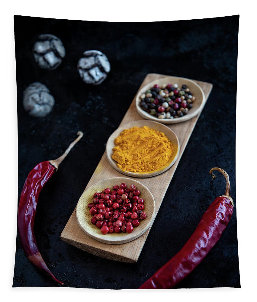 Spice Tapestry featuring the photograph Collection of aromatic herbal peeper spices by Michalakis Ppalis