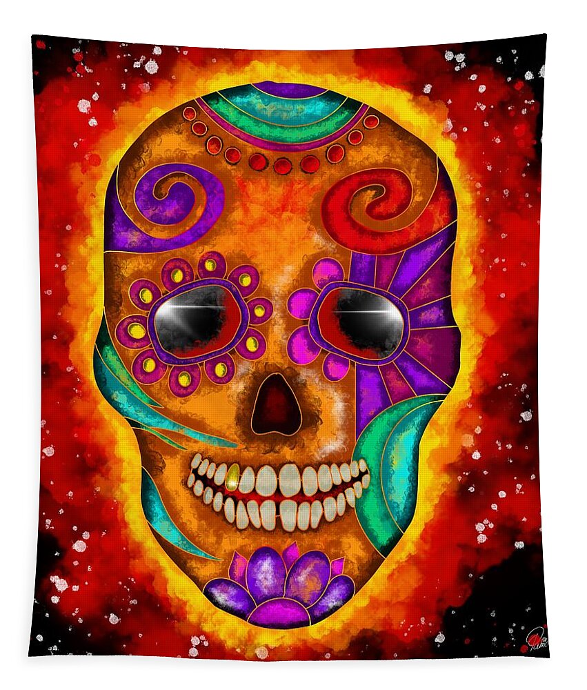 Colorful Tapestry featuring the painting Colorful abstract skull and fireball by Patricia Piotrak