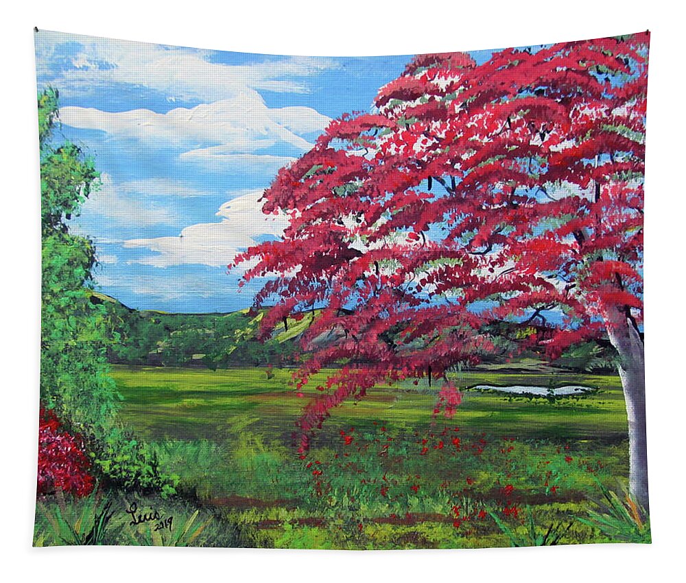 Flamboyan Tree Tapestry featuring the painting Colorful and Peaceful by Luis F Rodriguez