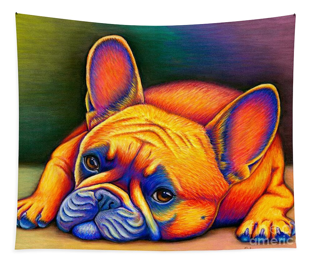 French Bulldog Tapestry featuring the drawing Daydreamer - Colorful French Bulldog by Rebecca Wang