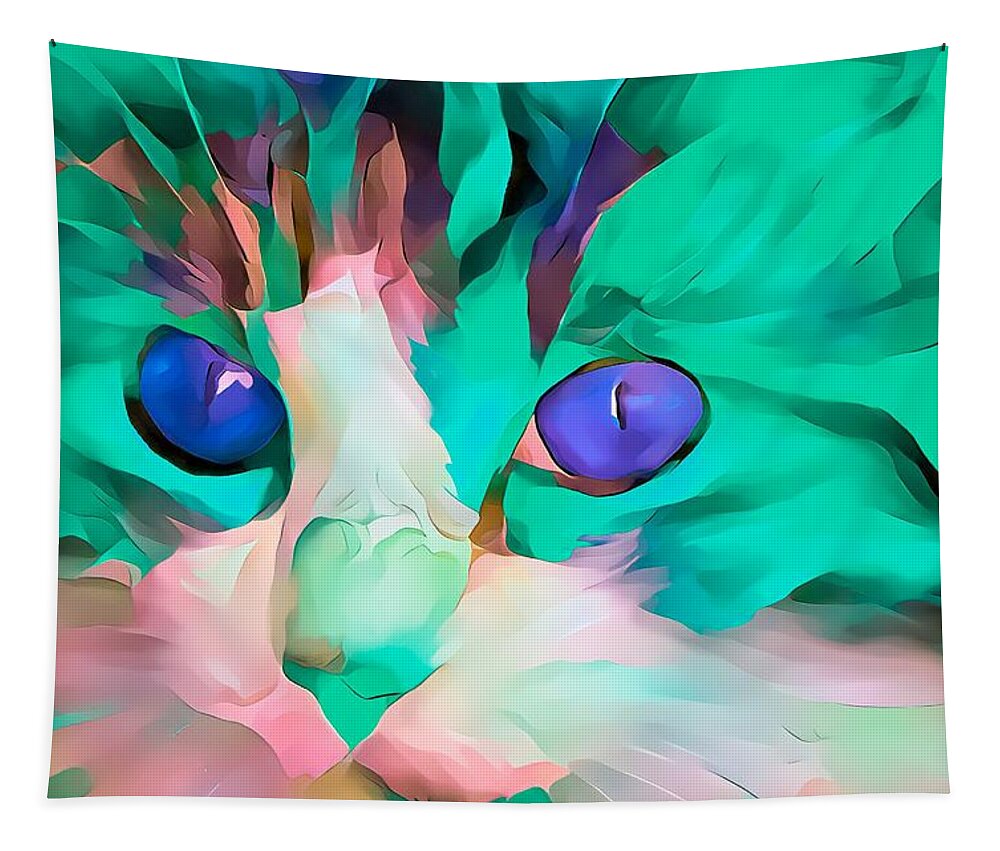 Glow Tapestry featuring the digital art Colorful Masters Green Glow Kitten by Don Northup