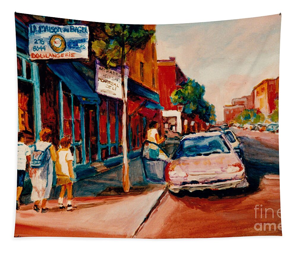 Montreal Tapestry featuring the painting Colorful Montreal Streets C Spandau Canadian Cityscene Artist Mile End Plateau Quebec Fine Art by Carole Spandau