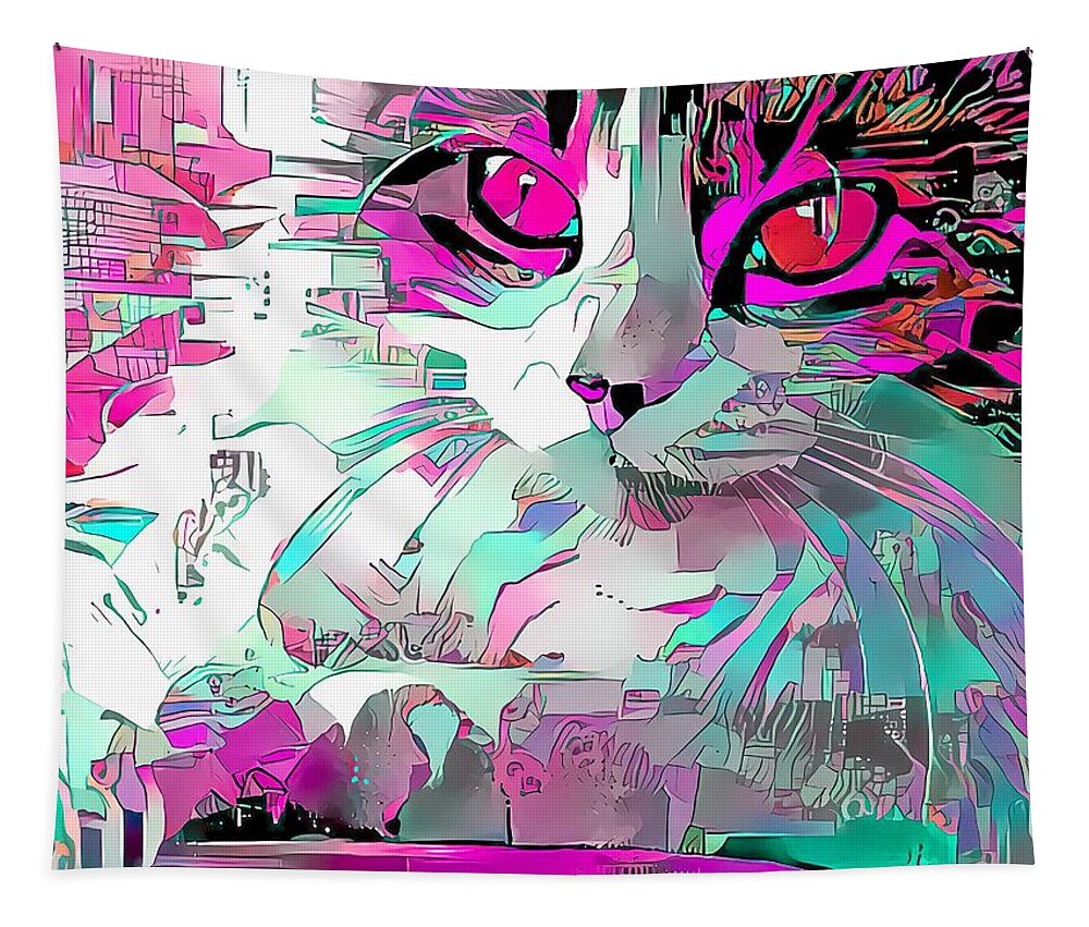 Pink Tapestry featuring the digital art Colorful Pink Cat Etch by Don Northup