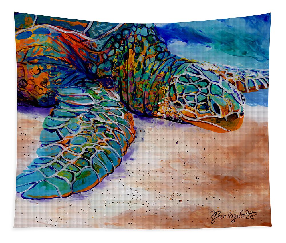 Turtle Tapestry featuring the painting Colorful Sea Turtle by Marionette Taboniar