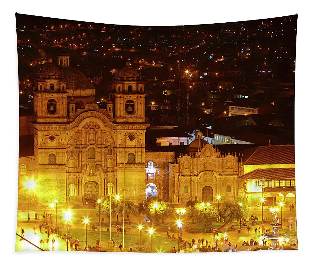 Cusco Tapestry featuring the photograph Compania de Jesus Church at Night Cusco Peru by James Brunker
