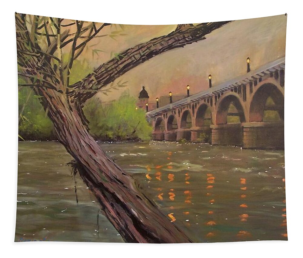 Gervais Street Bridge Tapestry featuring the painting Congaree Bridge in Golds by Blue Sky