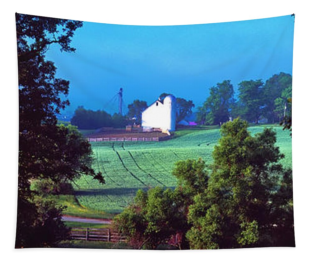 Conley Road Tapestry featuring the photograph Conley Road Farm white barn pasture road oak trees 8150610201 by Tom Jelen