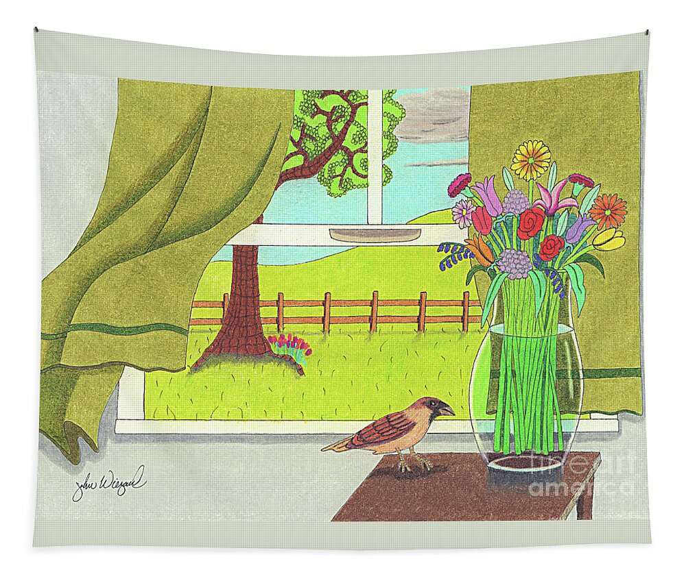 Spring Day Tapestry featuring the drawing Cool Breeze by John Wiegand