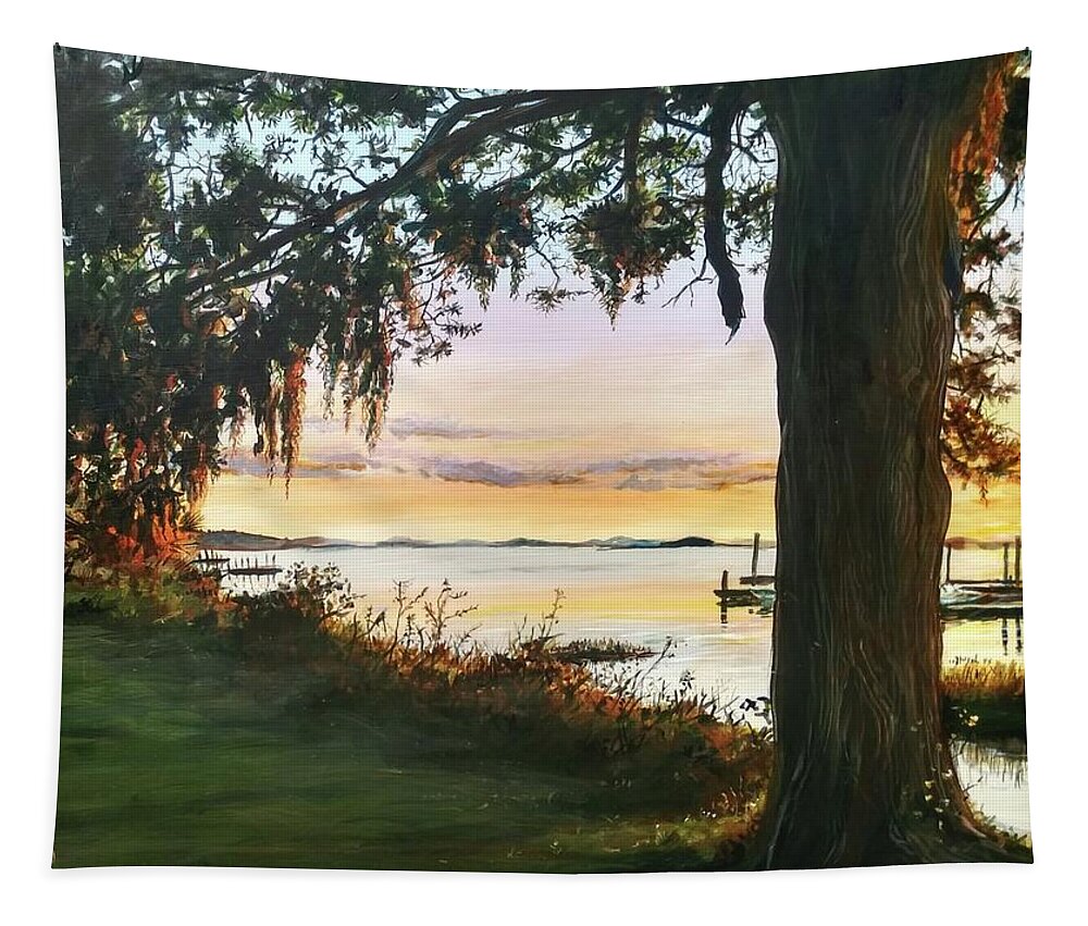 Sunset Tapestry featuring the painting Cooper River Sunset by William Brody