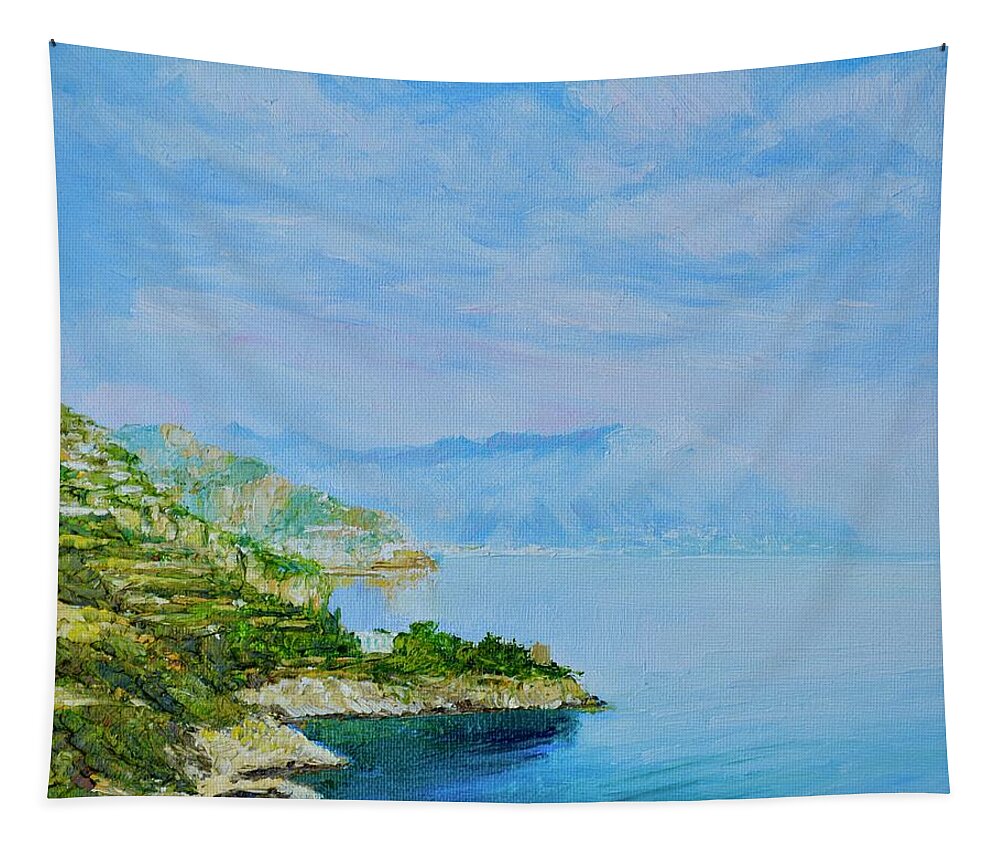 Amalfi Tapestry featuring the painting Costa d Amalfi Morning Mists by Dai Wynn