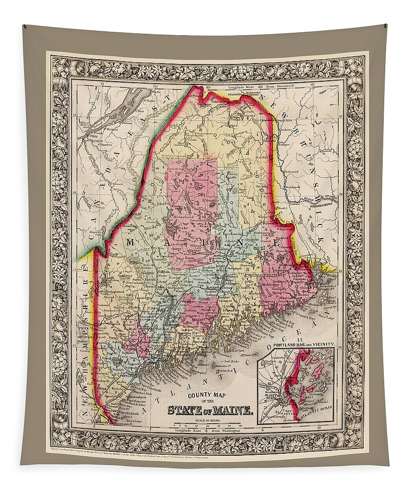 Maine Tapestry featuring the photograph County Map of Maine 1863 by Phil Cardamone