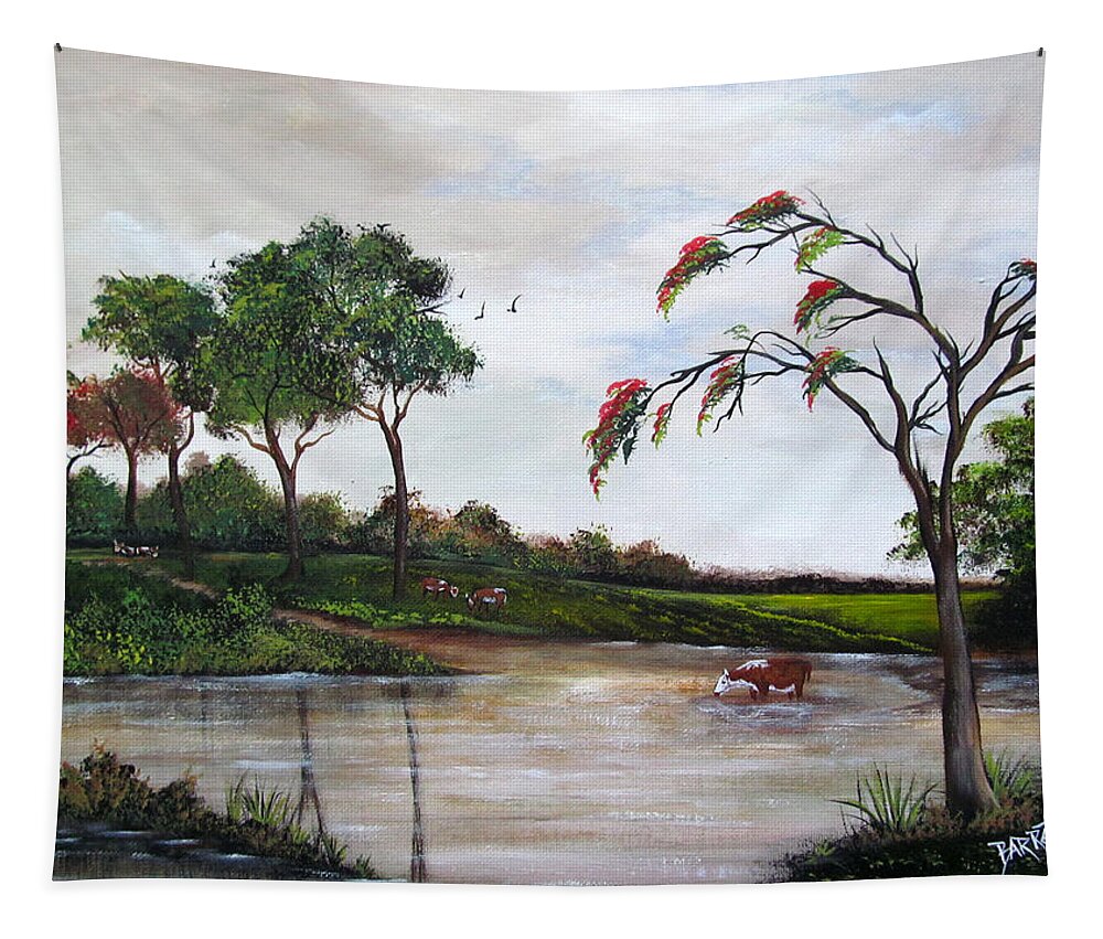 Flamboyant Tree Tapestry featuring the painting Cow Haven by Gloria E Barreto-Rodriguez