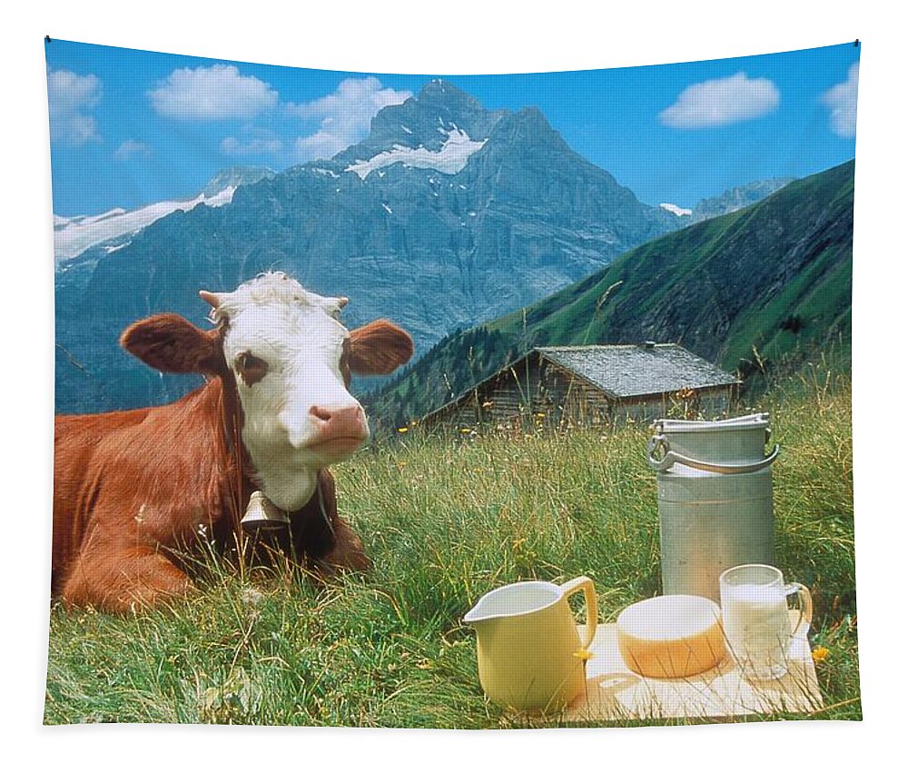 Estock Tapestry featuring the digital art Cow With Dairy Products by Cornelia Dorr