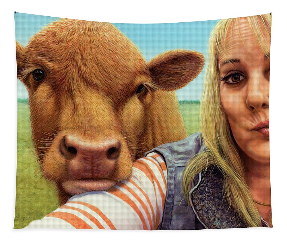 Calf Tapestry featuring the painting Cowlove Selfie by James W Johnson