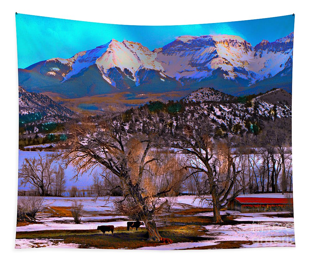 San Juans Ranch In Wintertime Tapestry featuring the digital art Cows and hay on the ground by Annie Gibbons