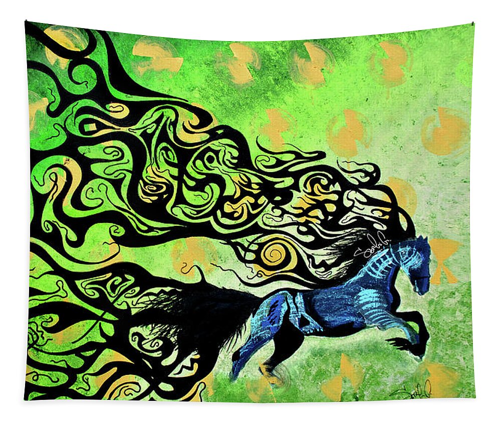 Horse Farm Abstract Conceptual Art Colorful Painting Paint Color Green Blue Animal Love Jump Inspiration Motivation Tail Hair Beautiful Beauty Run Success Tapestry featuring the painting Crazy Horse by Sergio Gutierrez