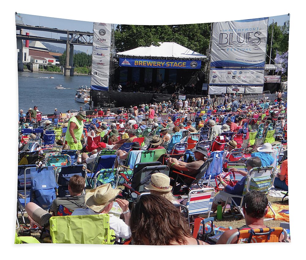 Blues Tapestry featuring the photograph Crowd enjoys listening on a sunny day by Steve Estvanik