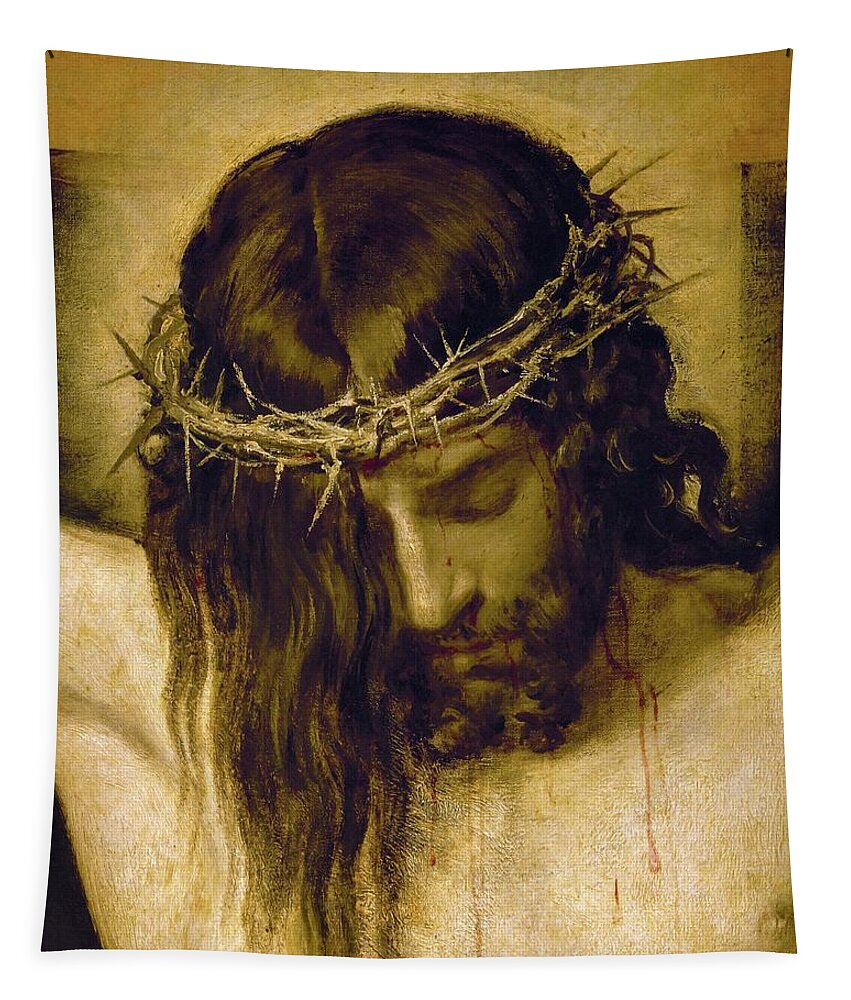Cristo Crucificado Tapestry featuring the painting Crucified Christ -detail of the head-. Cristo crucificado. Madrid, Prado museum. DIEGO VELAZQUEZ . by Diego Velazquez -1599-1660-