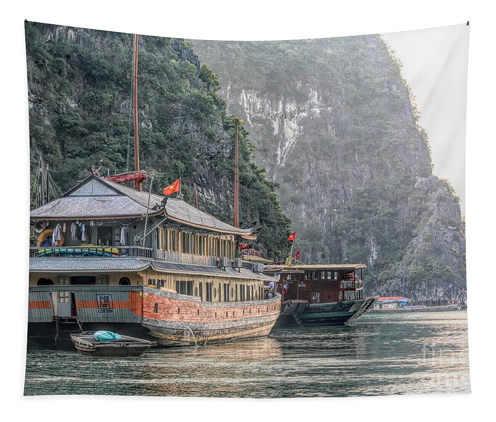 Vietnam Tapestry featuring the photograph Cruise Vessel Docked Ha Long Bay Vietnam by Chuck Kuhn