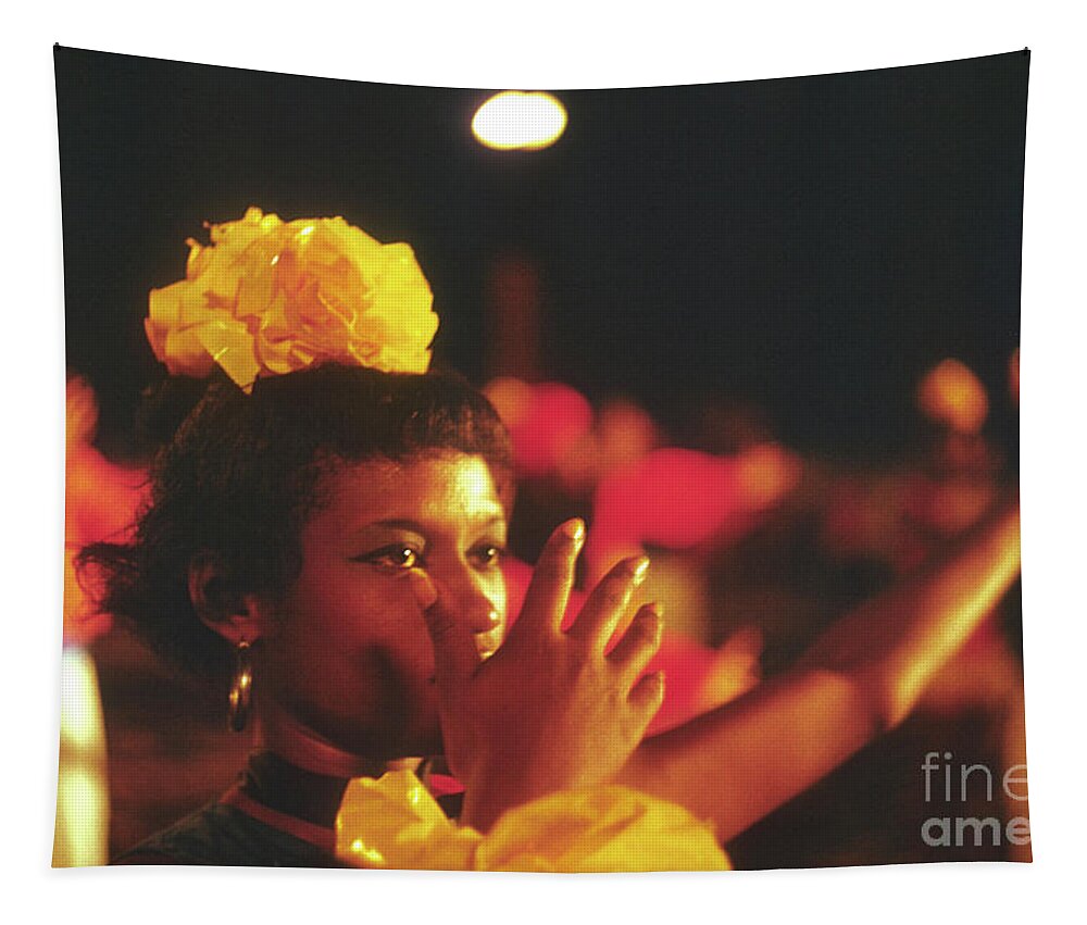 Cuba Tapestry featuring the photograph Vintage Cuban beauty. Vintage portrait of a salsa dancer at the 1971 Cuban Carnival in Havana by Elena Gantchikova