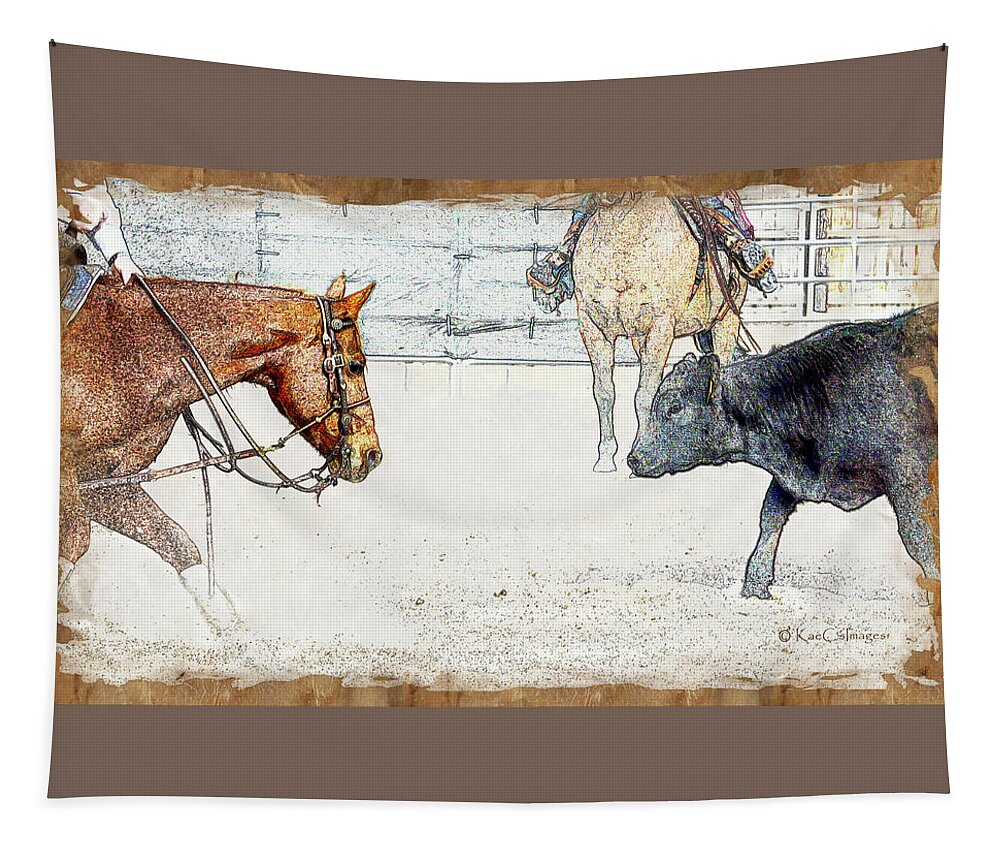 Horse Tapestry featuring the mixed media Cutting Horse At Work by Kae Cheatham