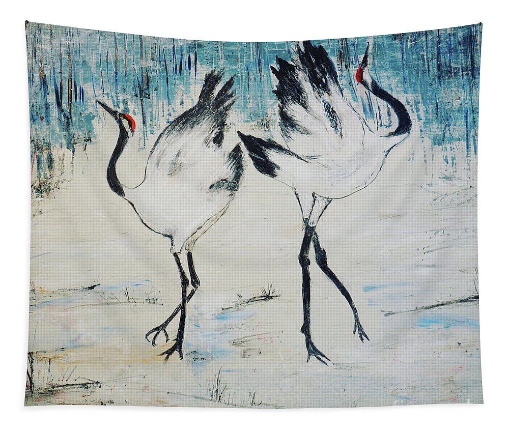 Dancing Cranes Tapestry featuring the painting Dancing Cranes by Patty Donoghue