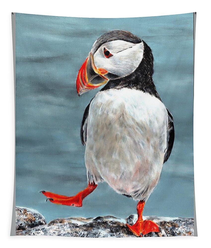 Puffin Tapestry featuring the painting Dancing Puffin by John Neeve