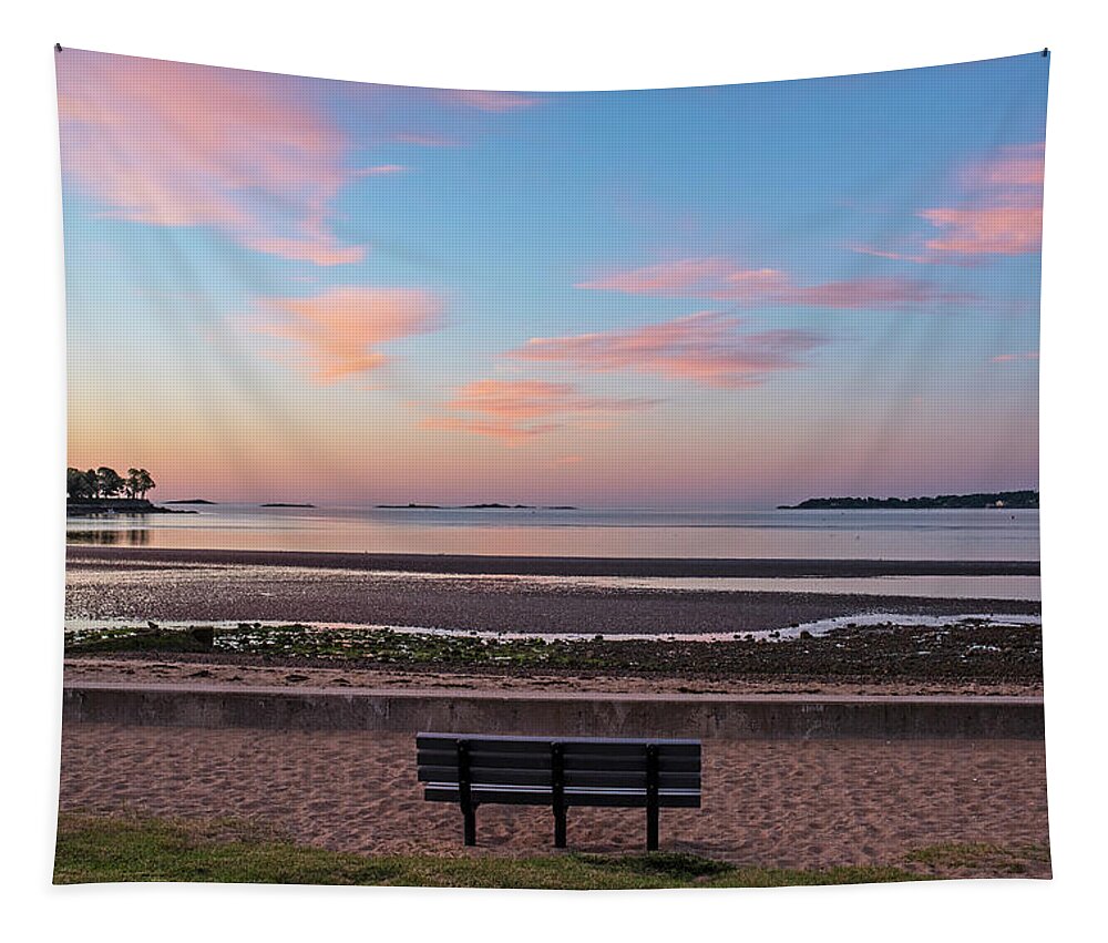 Beverly Tapestry featuring the photograph Dane Street Beach in Beverly MA Morning Light Red Clouds Bench by Toby McGuire