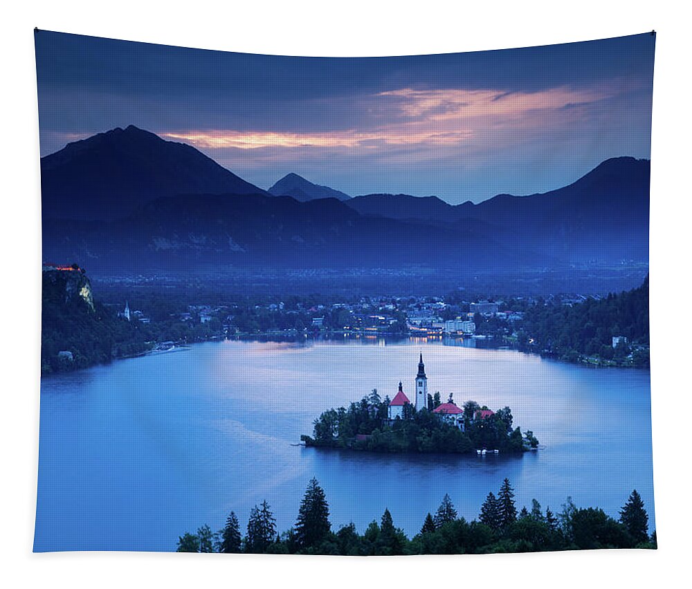 Bled Tapestry featuring the photograph Dawn view of Lake Bled from Ojstrica by Ian Middleton
