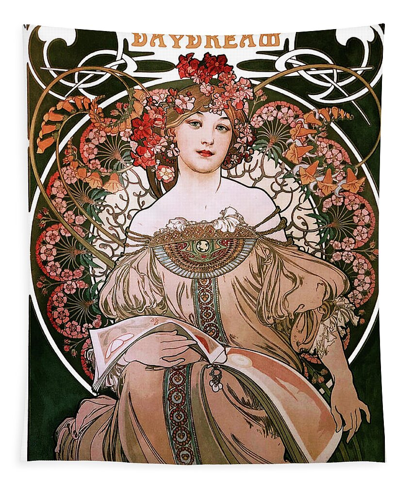 Daydream Tapestry featuring the painting Daydream by Alphonse Mucha White Background by Rolando Burbon