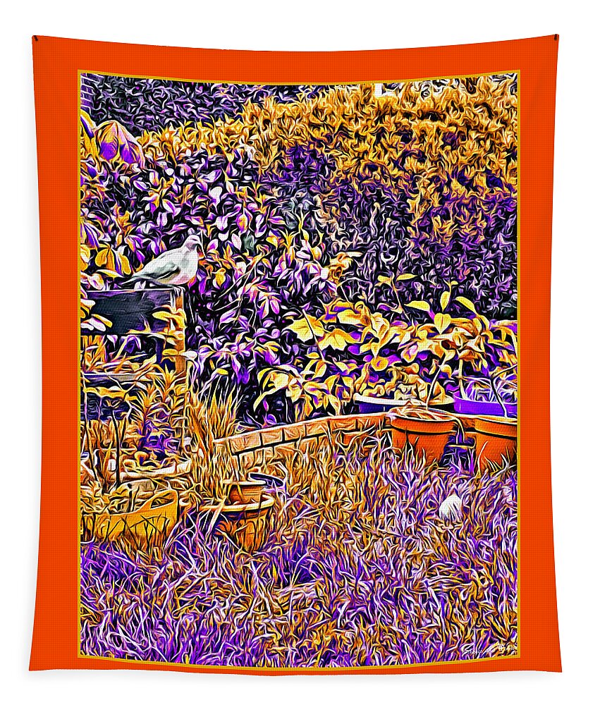 Lise Winne Tapestry featuring the mixed media Dayglow Garden with a Pigeon and egg, Abbie Shores FAA Challenge 19 by Lise Winne