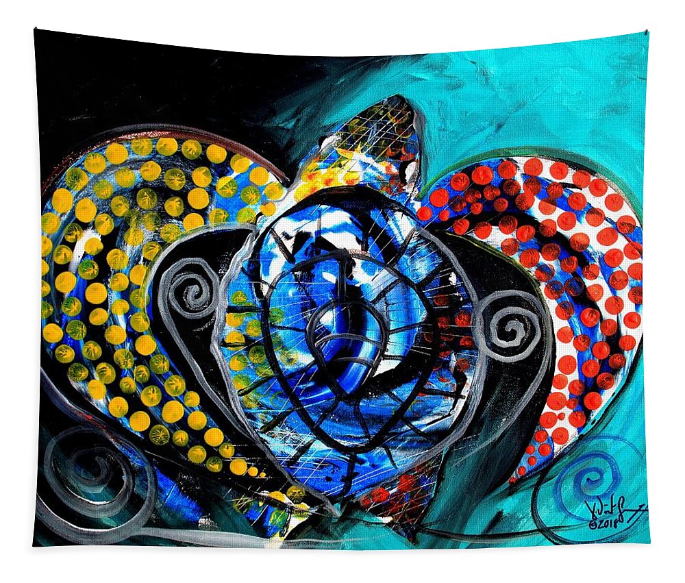 Sea Tapestry featuring the painting Deep Sea, Sea Turtle by J Vincent Scarpace