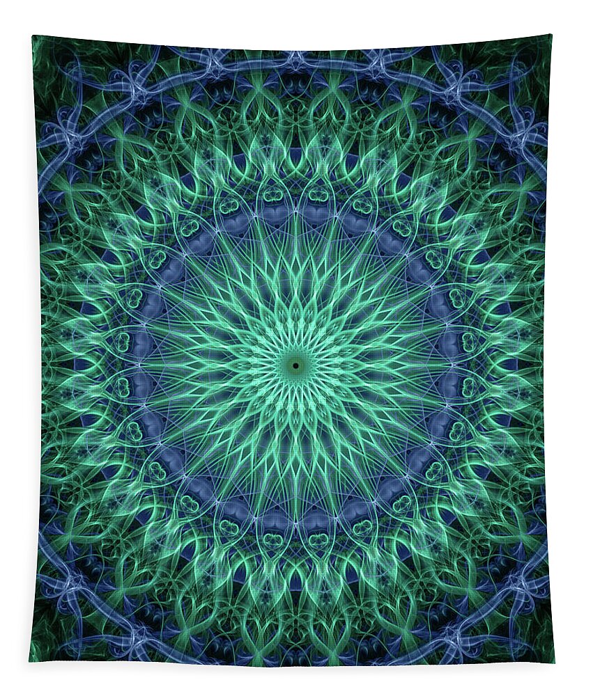Mandala Tapestry featuring the digital art Detailed mandala in plum and malachite green colors by Jaroslaw Blaminsky