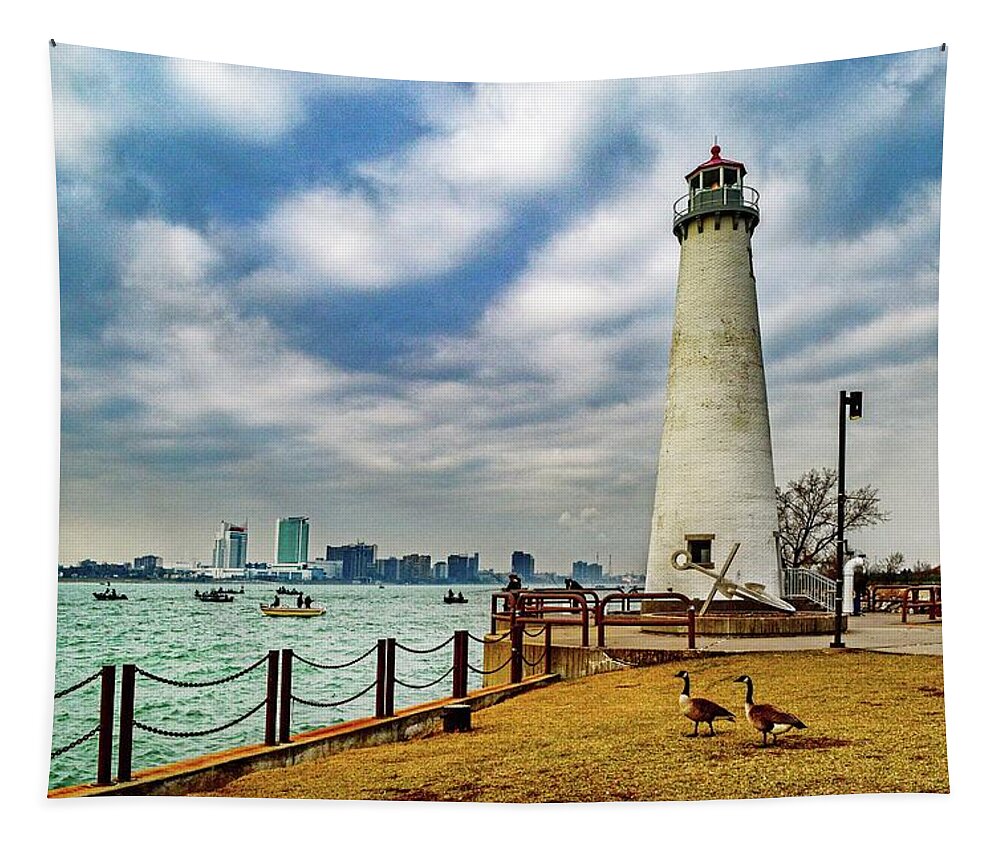 Detroit Tapestry featuring the photograph Detroit river Light House and Geese DSC_0096 by Michael Thomas