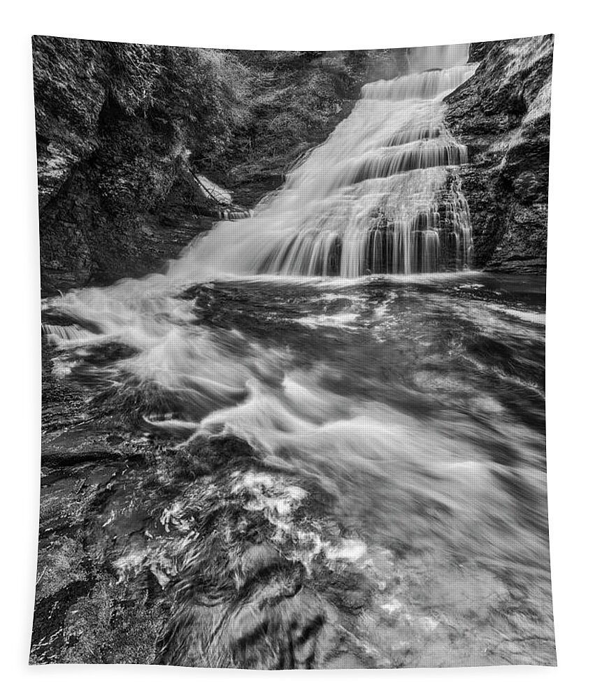 Dingmans Falls Tapestry featuring the photograph Dingmans Water Falls DWG BW by Susan Candelario