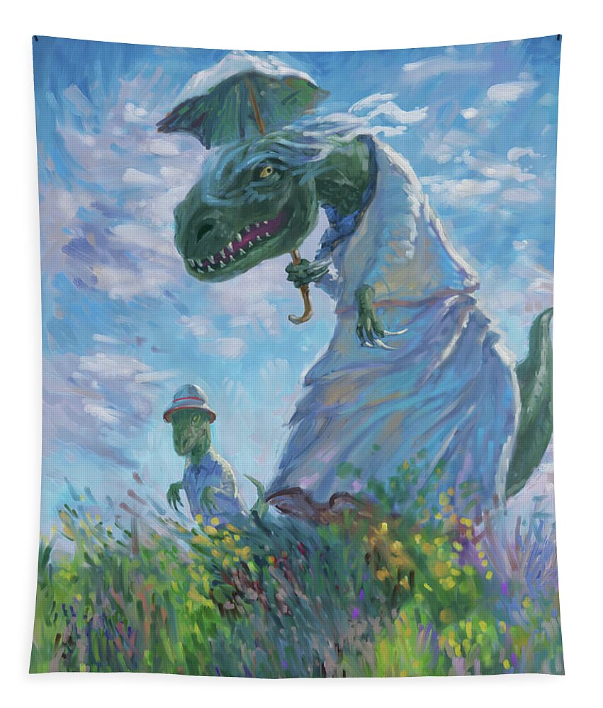 Dinosaurs Tapestry featuring the digital art Dinosaur and son with a parasol by Martin Davey
