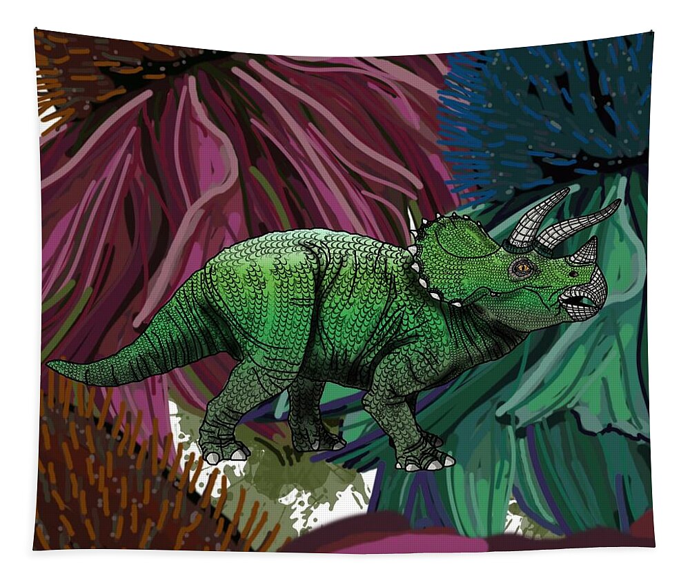 Dinosaur Tapestry featuring the digital art Dinosaur Triceratops Flowers by Joan Stratton