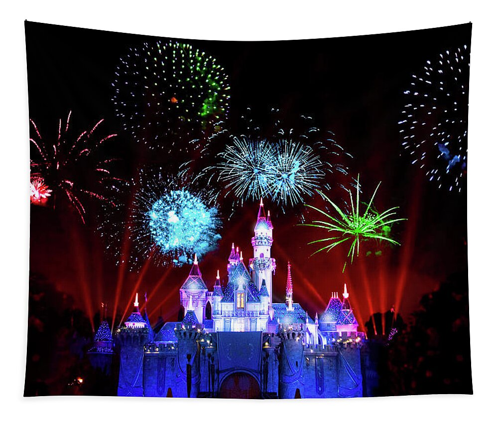Fireworks Tapestry featuring the photograph Disneyland Fireworks At Sleeping Beauty Castle by Mark Andrew Thomas