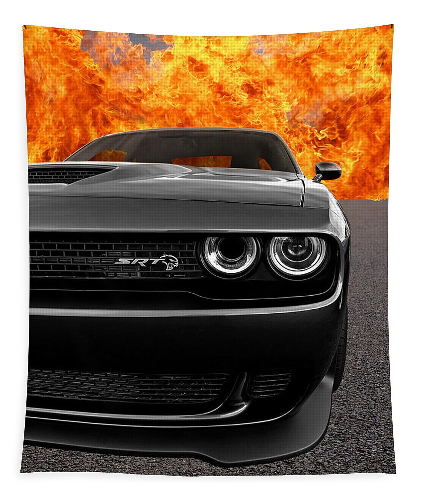 Dodge Tapestry featuring the photograph Dodge Hellcat SRT With Flames by Gill Billington