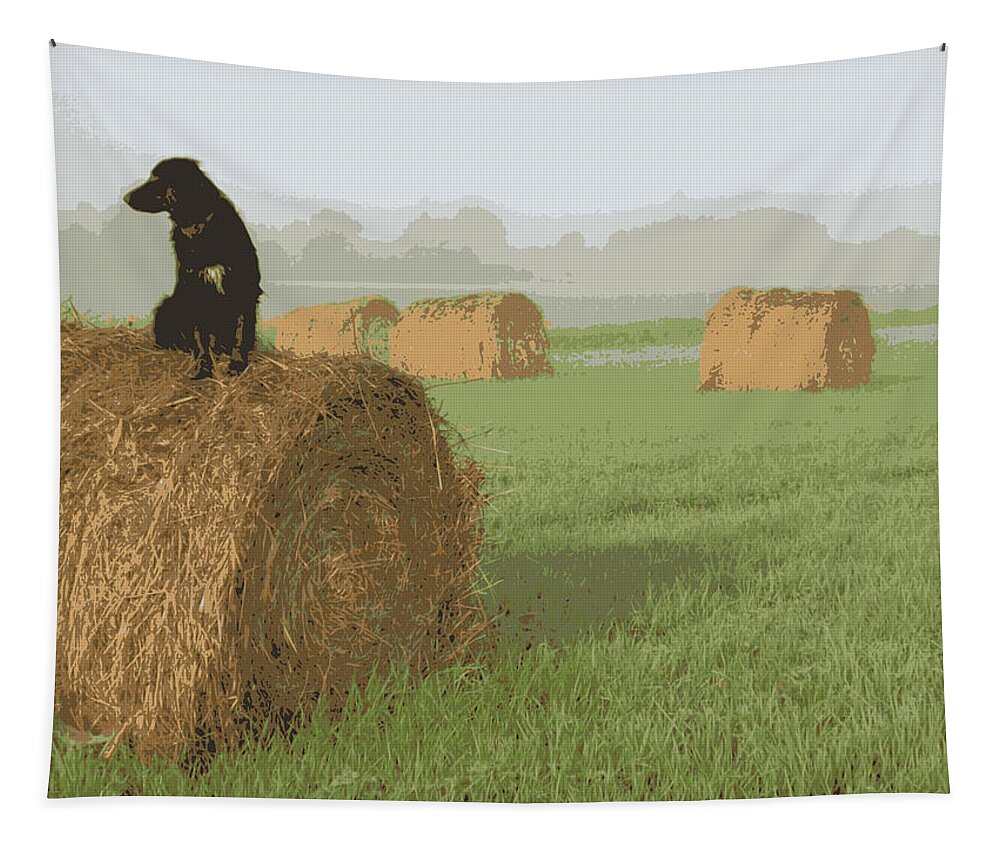 Dog Tapestry featuring the digital art Dog on Hay Bale by Kent Lorentzen