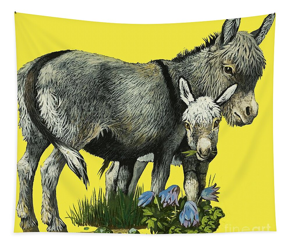 Animals Tapestry featuring the painting Donkey And Donkey Foal by English School