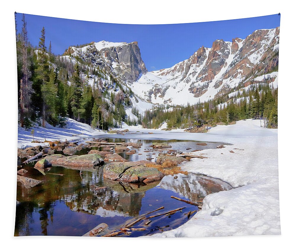 Flattop Mountain Tapestry featuring the photograph Dream Lake and Flattop Mountain by Suzanne Stout