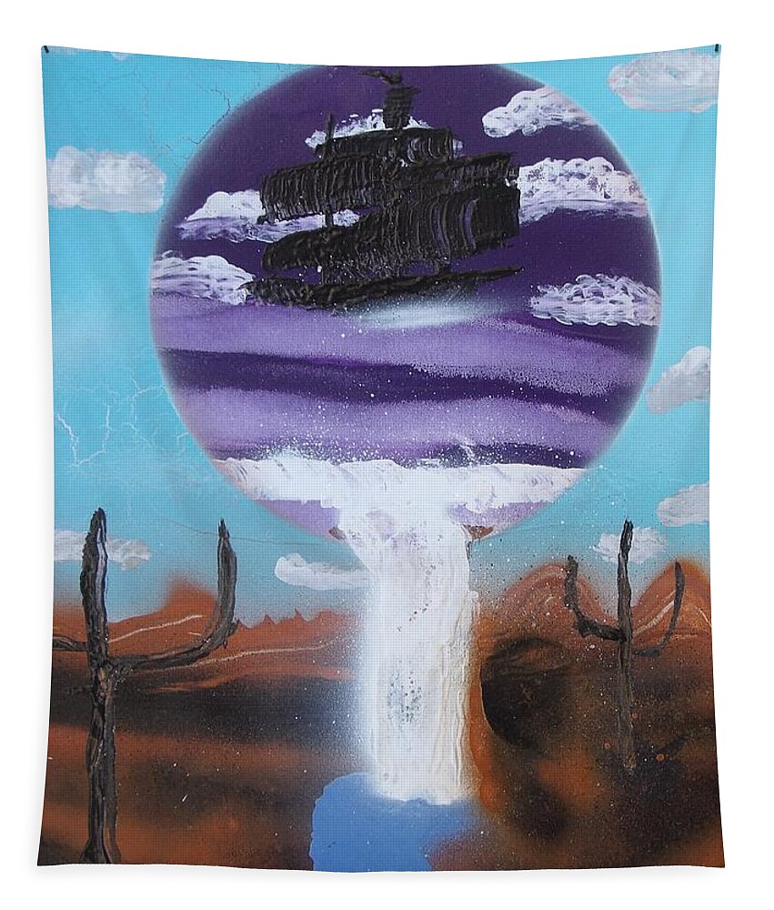 Ship Cactus Desert Tapestry featuring the painting Dreamcatcher ship in the desert by John Erickson