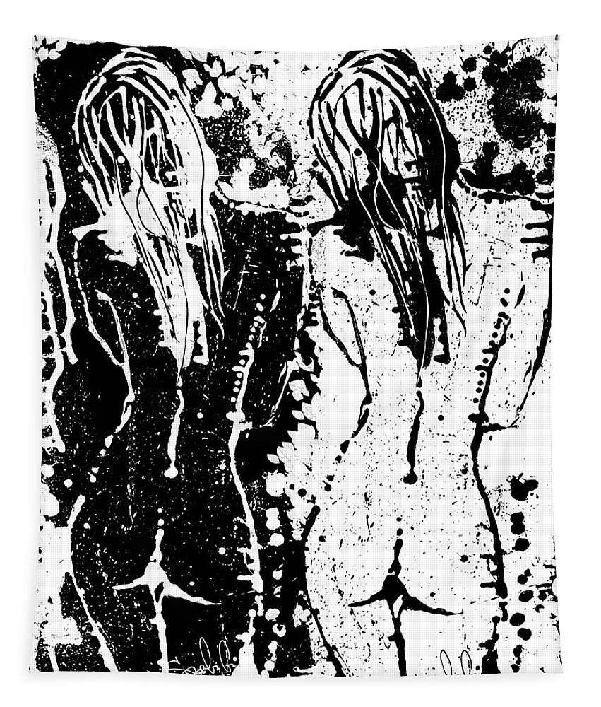 Nude Drip B&w Black And White Hair Abstract Beauty Beautiful Contrast Good And Evil Pretty Woman Lady Girl Sexy Hot Hiding Love Lover Tapestry featuring the painting Drip Nudes by Sergio Gutierrez