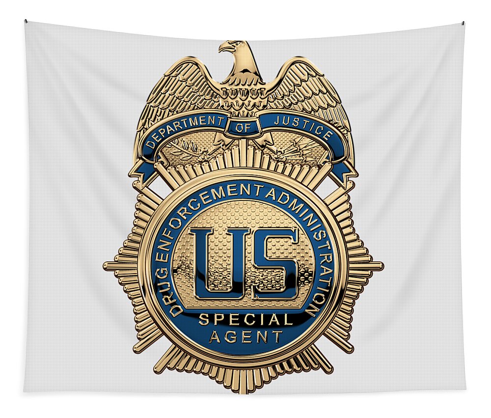  ‘law Enforcement Insignia & Heraldry’ Collection By Serge Averbukh Tapestry featuring the digital art Drug Enforcement Administration - D E A Special Agent Badge over White Leather by Serge Averbukh