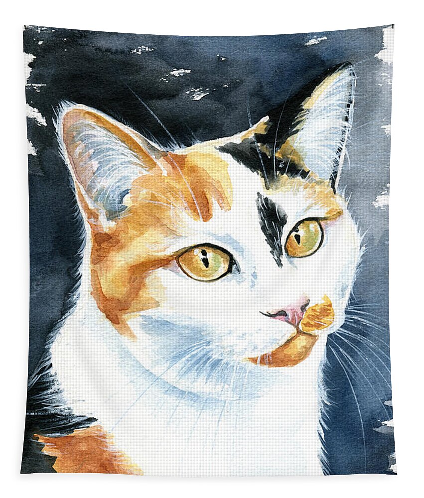 Cat Tapestry featuring the painting Dushi Calico Cat Painting by Dora Hathazi Mendes